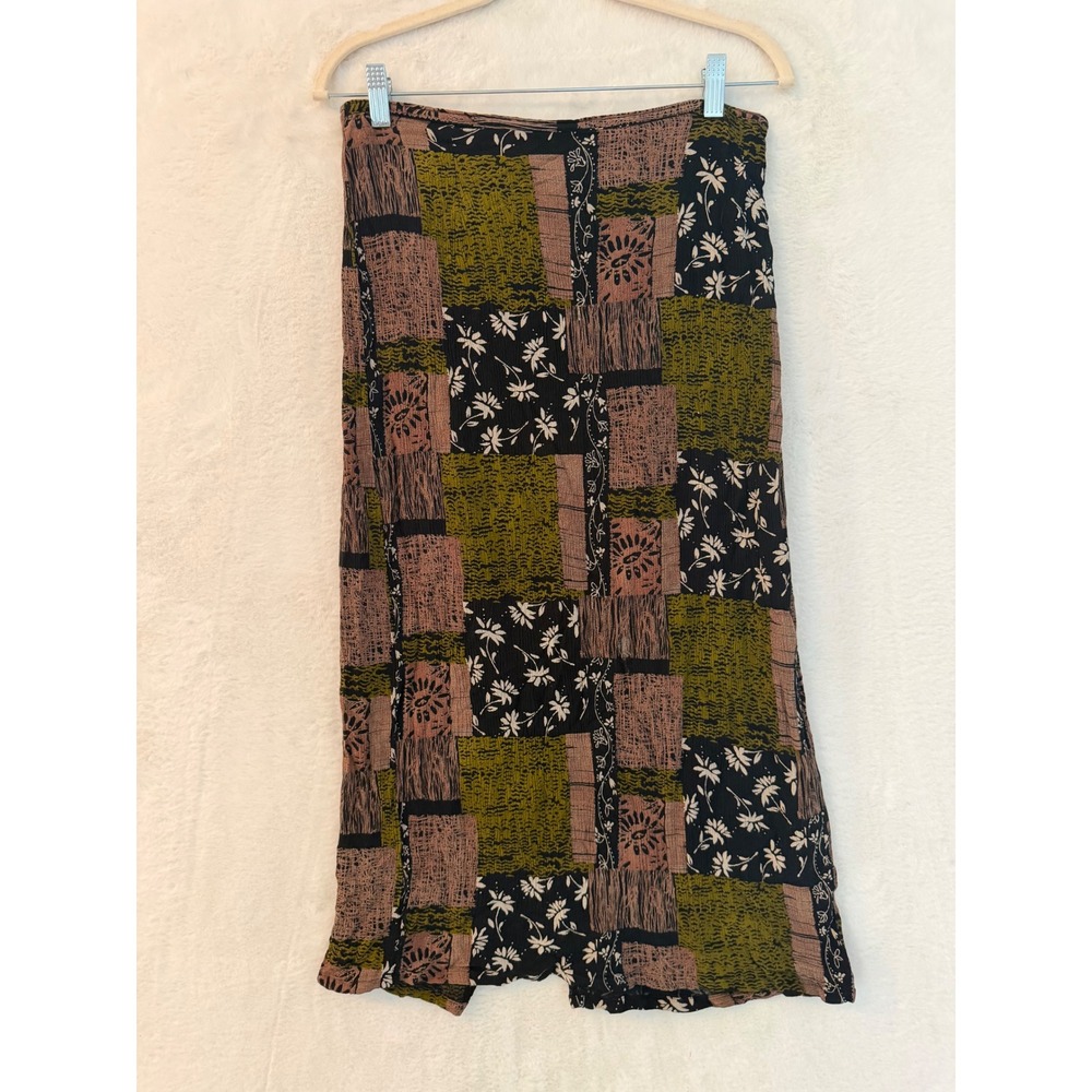 California Krush Vintage Patchwork Floral Midi Skirt Olive Brown Black Small
